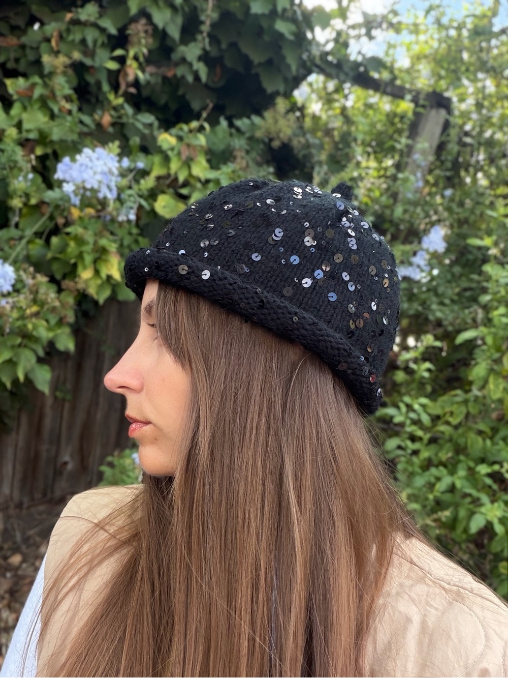 Black Sequin Knit Beanie Hat